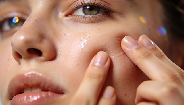 Closeup dewy skin applying gel with fingertips, glossy lips, freckles, prism flares