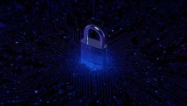 Glowing Padlock on Circuit Board Representing Cybersecurity Concept