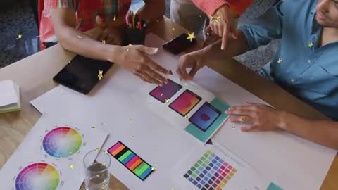 Creative Team Brainstorming with UI Color Design Cards in a Dynamic Setting