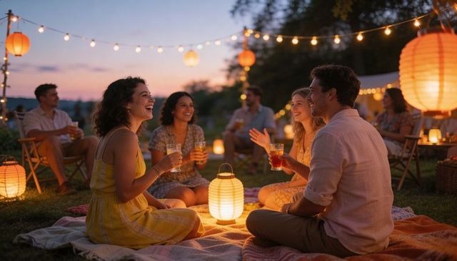 Friends laughing at twilight backyard picnic under lanterns with drinks on blanket