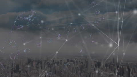 Futuristic Cityscape with Digital Network Interface Overlay