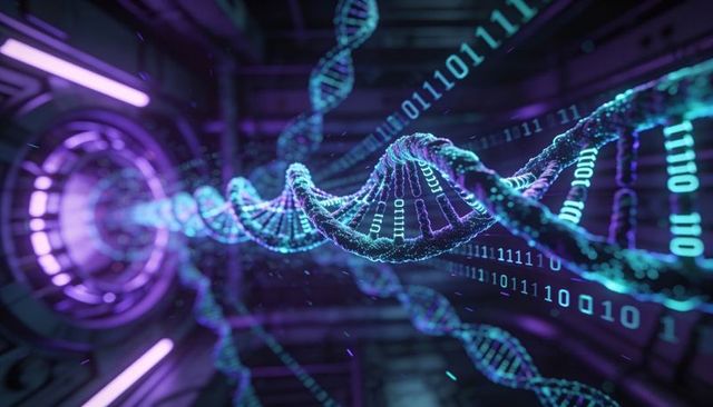 Twisting dna data stream flowing through neon biotech reactor with binary code