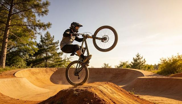 Male mountain biker launching airborne over dirt pump track at golden hour in full-face helmet