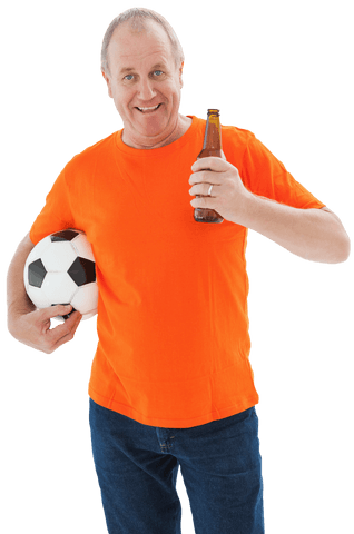 Mature man holding football and beer transparent background