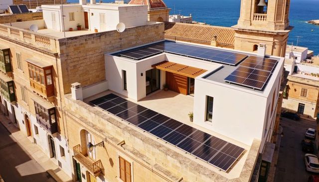 Coastal rooftop solar on modern white terrace with wooden pergola and sea view