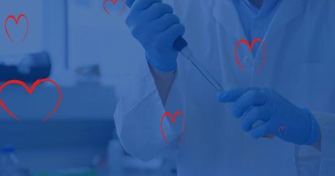 Gloved researcher pipetting with heart overlay concept in lab