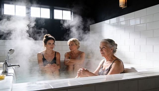 Three generations sharing steamy bathtub soak for wellness, bonding and relaxation
