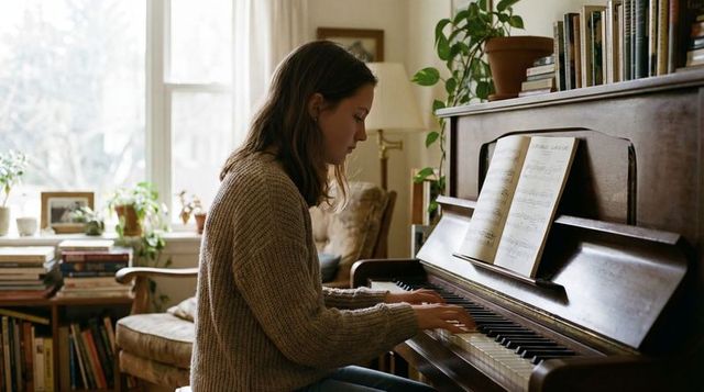 Young woman playing piano in cozy home interior with sheet music and natural light