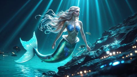 Ethereal Mermaid Gliding in a Mystical Underwater Cavern