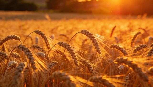 Golden backlit wheat field with long awns glowing in sunset light
