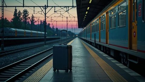 Modern Hard-Shell Suitcase by Train Station at Dusk