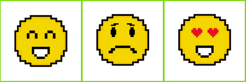 Three pixel art emoticons displaying joy, sadness, love transparency