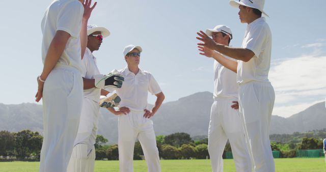 Cricket Team Huddling During Match with Mountains in Background - Download Free Stock Images Pikwizard.com