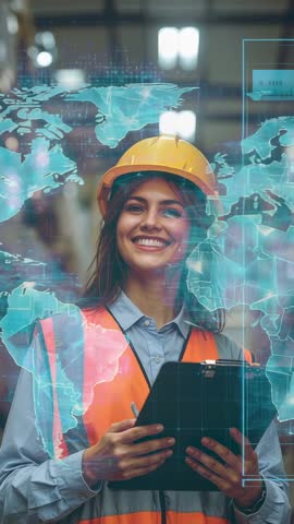 Engineer using digital clipboard with holographic world map overlay vertical video