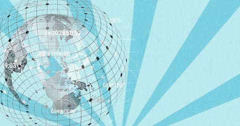 Futuristic 3D Wireframe Globe, Data Overlays and Network Nodes on Blue Burst Background