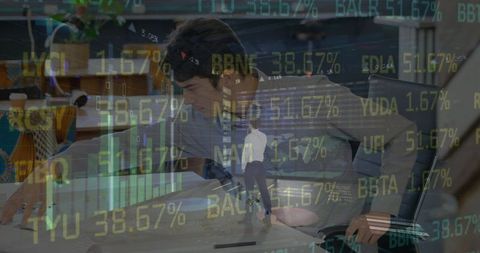 Financial analyst drafting design with stock tickers overlap