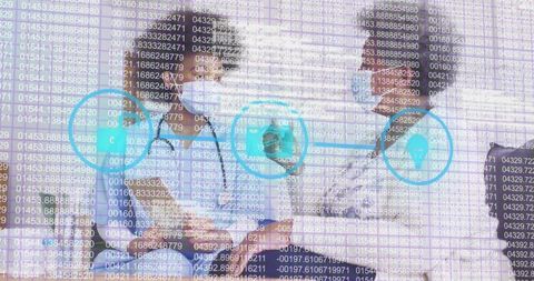 Clinicians Reviewing Digital Patient Data Overlay on Tablet in Hospital Clinic