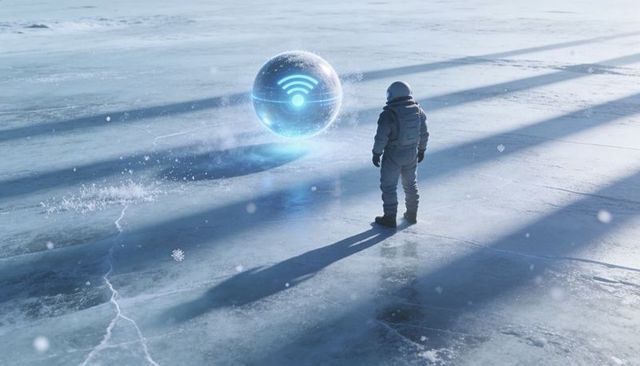 Astronaut discovering glowing wi-fi orb on frozen polar plain, futuristic exploration