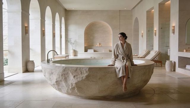 Woman relaxing in carved stone bath tub in minimalist luxury spa with arches