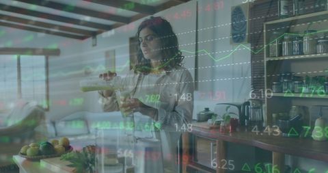 Woman Preparing Smoothie With Digital Financial Overlay - Download Free Stock Images Pikwizard.com