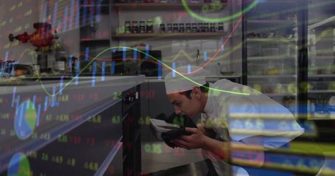 Chef analyzing dish with data overlays in modern kitchen