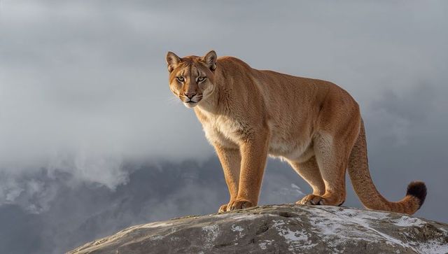 Standing puma surveying snow-dusted mountain ridges on rocky outcrop