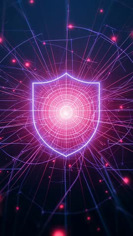 Expanding Neon Shield Hologram Pulse with Network Nodes | Vertical Cybersecurity Animation