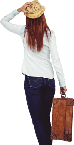 rear view transparent hipster woman with suitcase and straw hat - Download Free Stock Videos Pikwizard.com