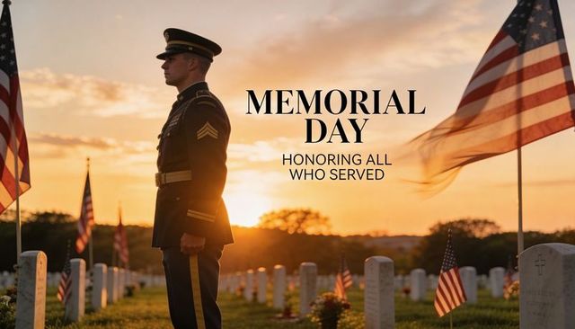 Uniformed soldier standing at military cemetery at sunset memorial day tribute honoring heroes