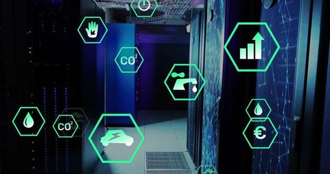 Futuristic Data Center with Illuminated Server Racks and Metric Icons