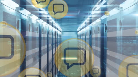 Digital Chat Bubbles Overlay in Server Room Animation