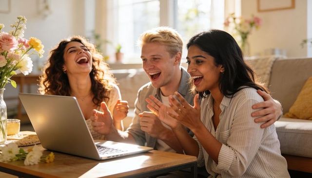 Laughing friends celebrating, clapping while video calling on laptop in sunlit living room