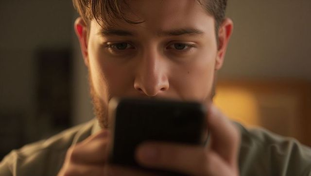 Bearded man holding smartphone, looking at screen, reading messages in warm lamp light