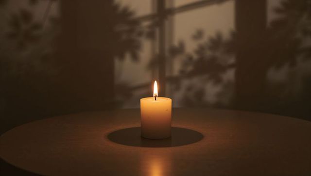 Burning Pillar Candle Casting Warm Circular Glow and Shadow Ring on Wooden Table, Moody Ambience