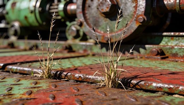 Tuft of grass sprouting through rusted diamond plate with corroded industrial gears