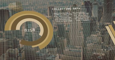 Financial Data Processing Over Cityscape Graphic