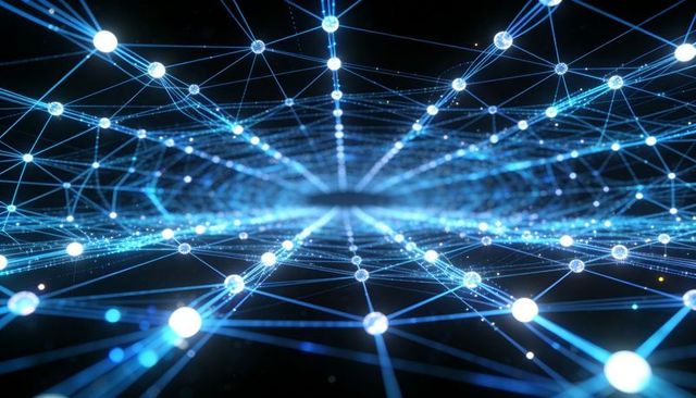 Glowing neural network lattice receding into dark void with blue luminous nodes