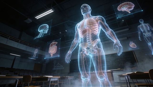 Holographic anatomy lecture with floating organ panels and translucent skeletal projection