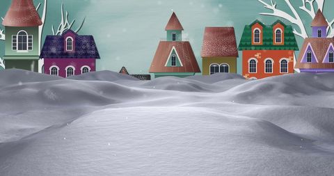 Snow Falling Over Colorful Christmas Village Scene