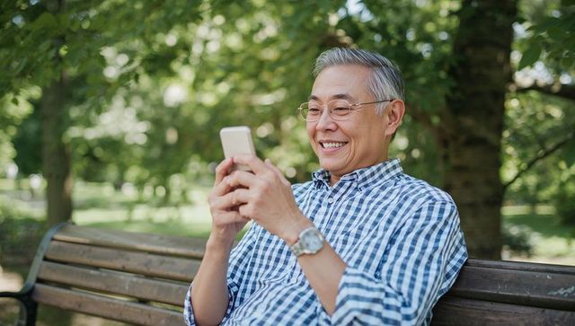 Smiling senior asian man sitting on park bench holding smartphone, enjoying sunny park