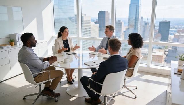 Multicultural business team collaborating around round table in sunlit high-rise office