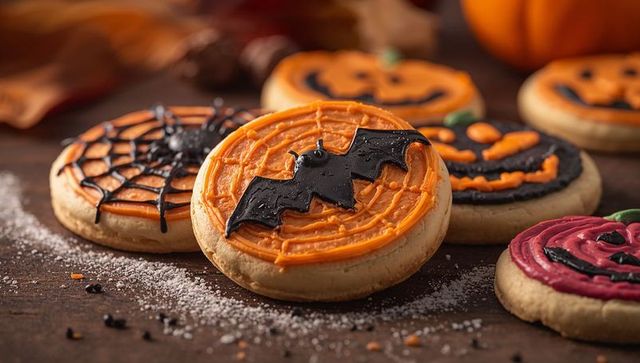 Spooky Halloween Cookies with Bat and Spiderweb Icing Designs
