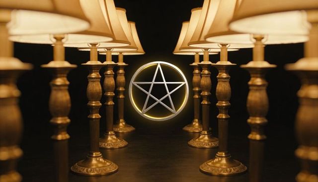 Gilded glowing pentagram hovering amid symmetrical brass lamps, cinematic studio scene