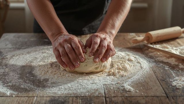 Kneading rustic bread dough on floured wooden table with rolling pin and sunlight