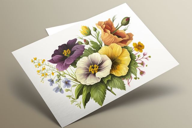 Floral greeting card displaying intricate illustration of colorful flowers and green leaves on beige background. Ideal for invitations, thank-you notes, congratulatory messages, or seasonal greetings. Perfect for designers looking for lush botanical motifs or individuals seeking elegant stationary.