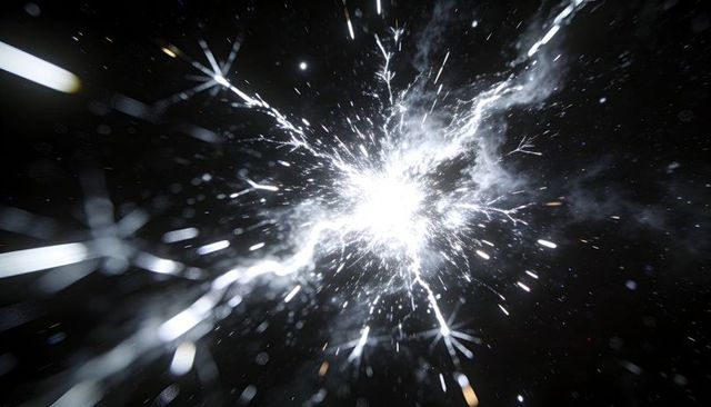 Radiant white burst exploding into filaments and sparks in deep black space