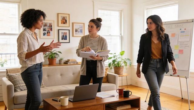 Three women collaborating in smart-casual brainstorming session with notebook and flip chart