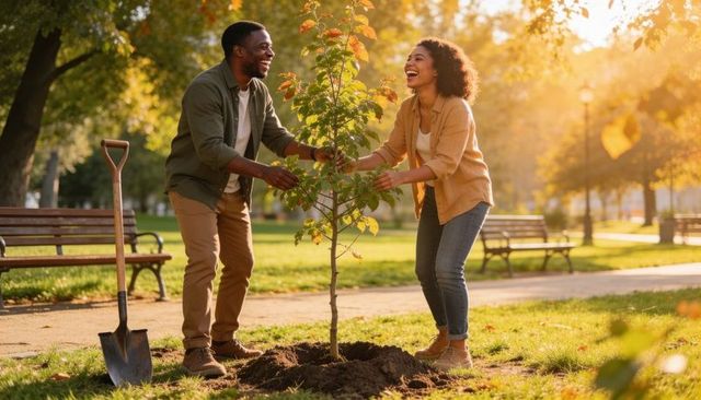 Planting sapling in sunlit city park, smiling couple nurturing urban greenspace