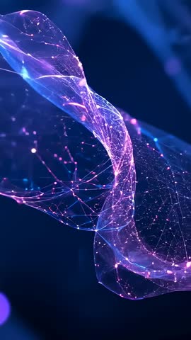 Flowing Futuristic Ribbon Mesh Network Pulsing with Light Nodes Vertical Tech Motion Video