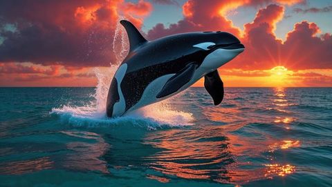 Majestic orca breaching ocean at vibrant sunset